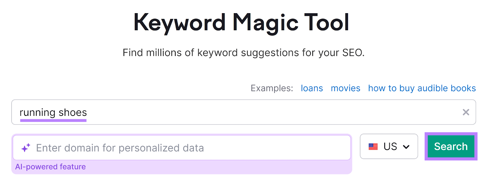 Keyword Magic Tool start with keyword entered and Search button highlighted.