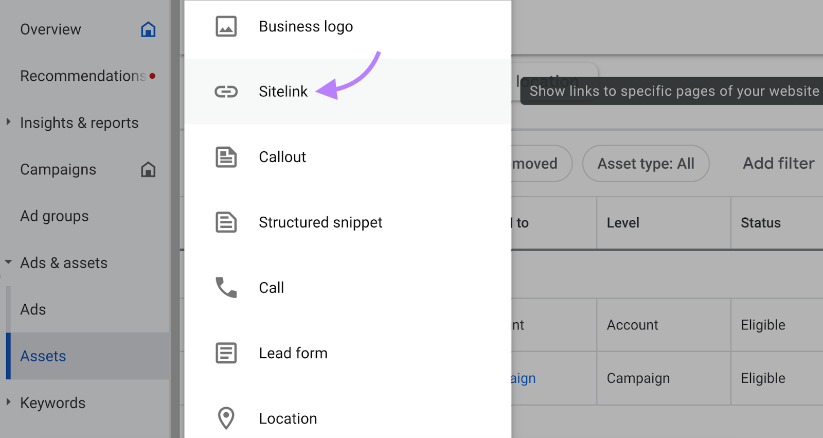 navigation to "Sitelink" button