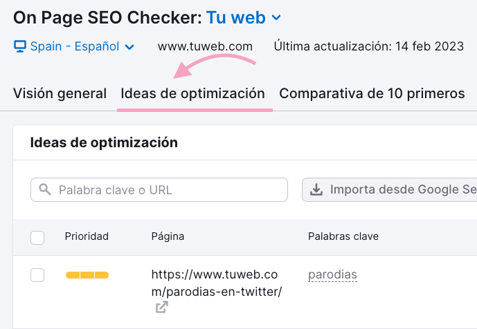 Ideas de optimización en On Page SEO Checker