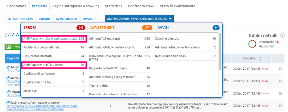 AMP audit di SEMrush: visualizza tutti gli errori delle tue pagine su mobile