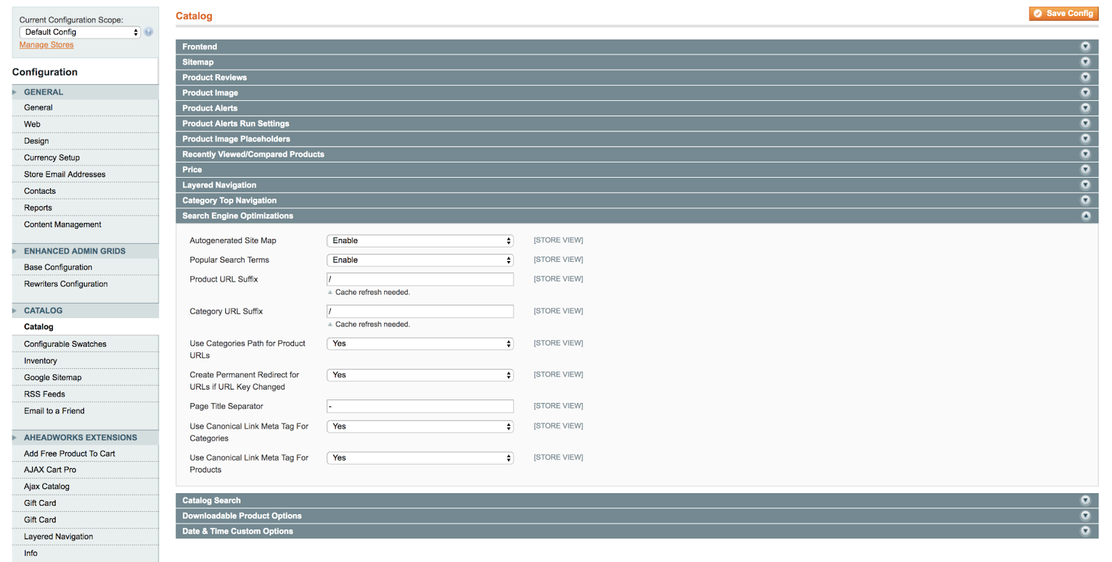 where to specify canonical URLs for product and category pages in Magento 1