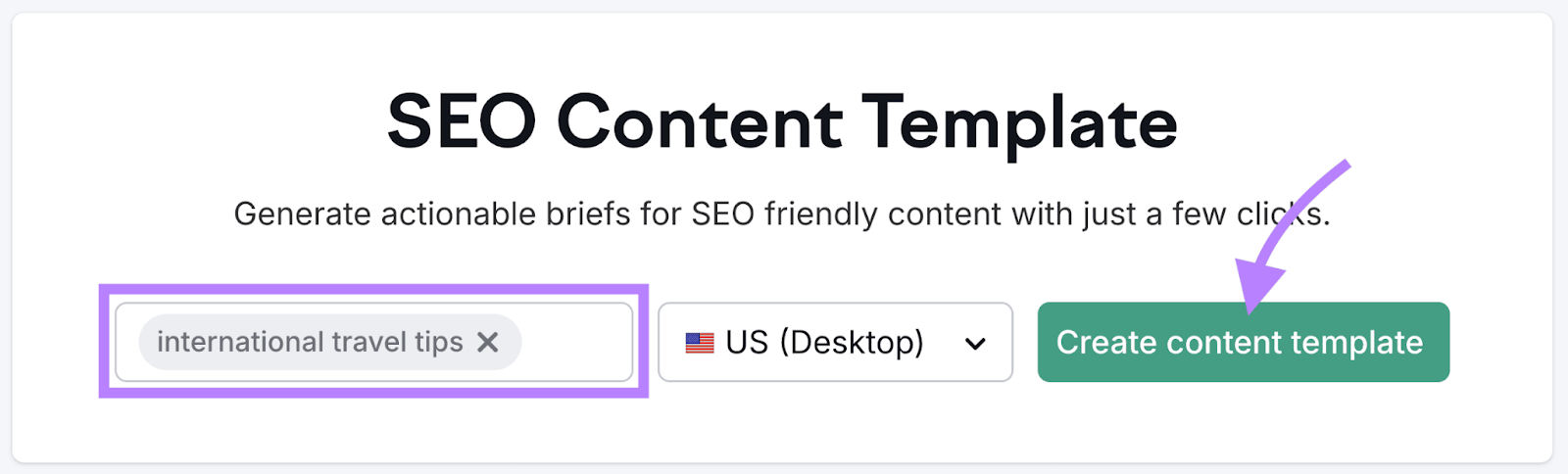 SEO Content Template with "international travel tips" in the search bar