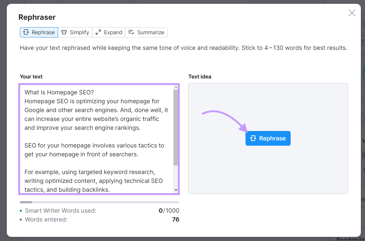 "Rephraser" box in SEO Writing Assistant