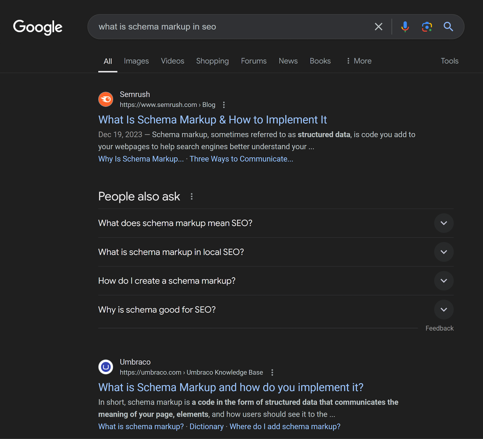 Google SERP for 'what is schema markup in seo' in dark mode