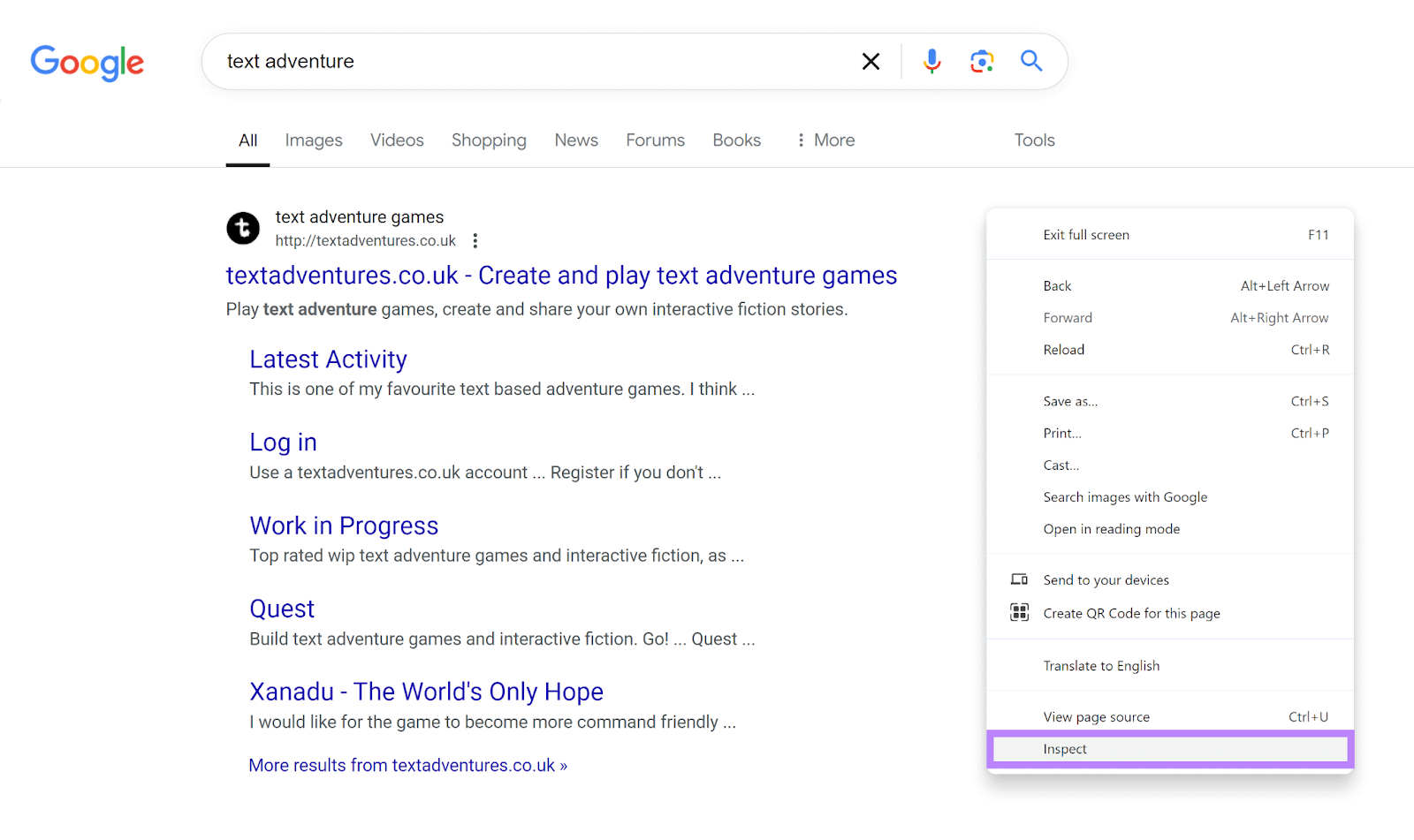 Google SERP for 'text adventure' with right-click menu showing and 'Inspect' option highlighted