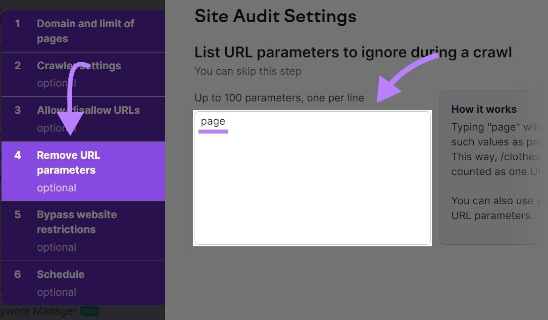 بخش «حذف پارامترهای URL» در تنظیمات ممیزی سایت