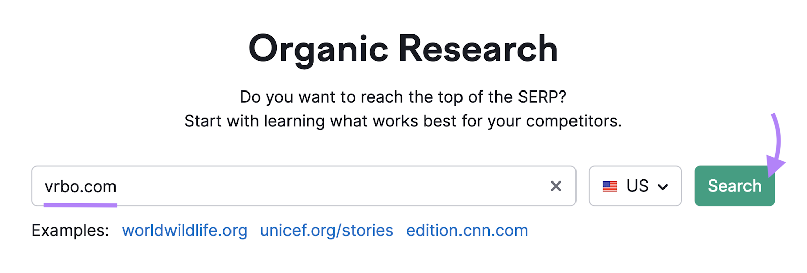 "vrbo.com" entered into the Organic Research tool search bar