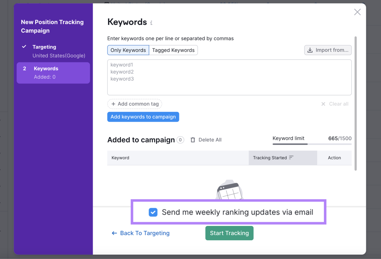 weekly email checkbox highlighted in position tracking tool setup