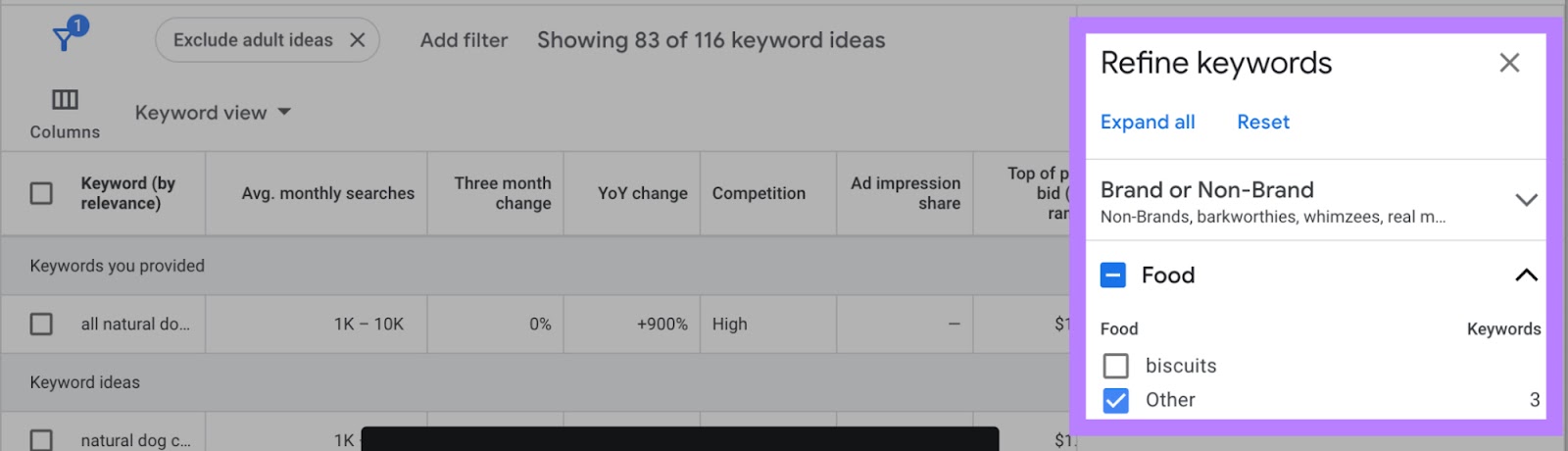 "Refine keywords" window highlighted with "biscuits" under Food unselected.