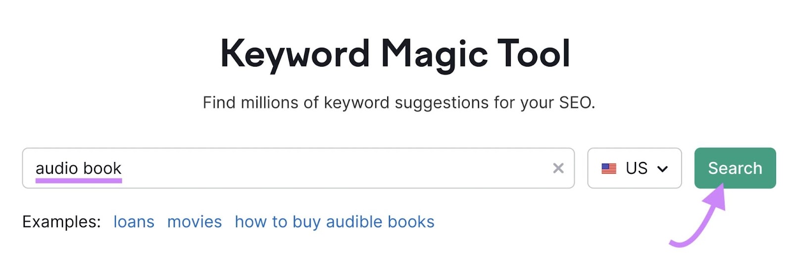 "audio book" entered into the Keyword Magic Tool search bar