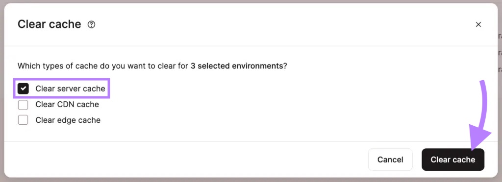 "Clear cache" window on Kinsta with the box next to "Clear server cache" checked and "Clear cache" clicked.