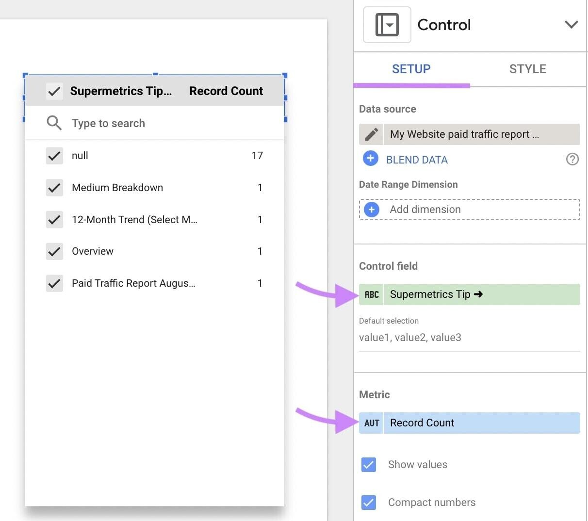 "Control" properties panel