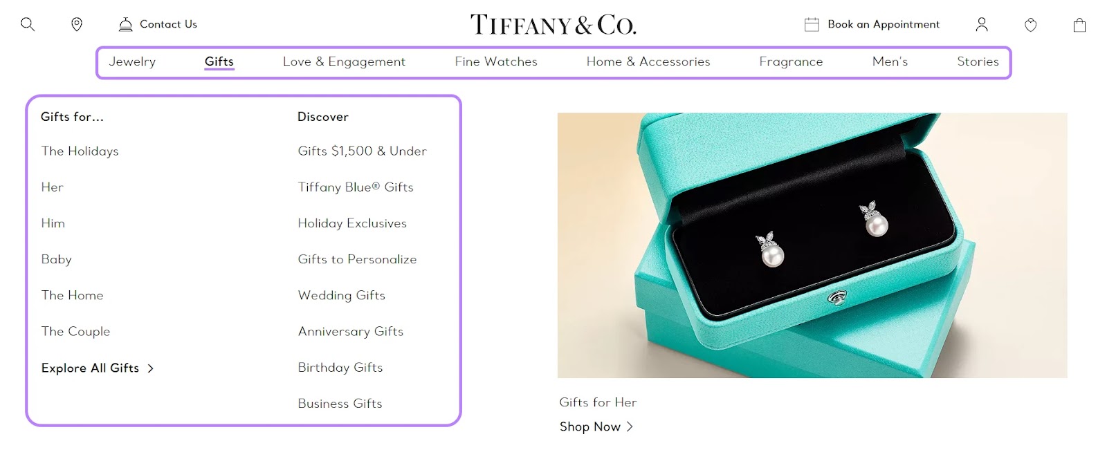 Tiffany & Co's website navigation, combining a horizontal navigation with a drop-down navigation