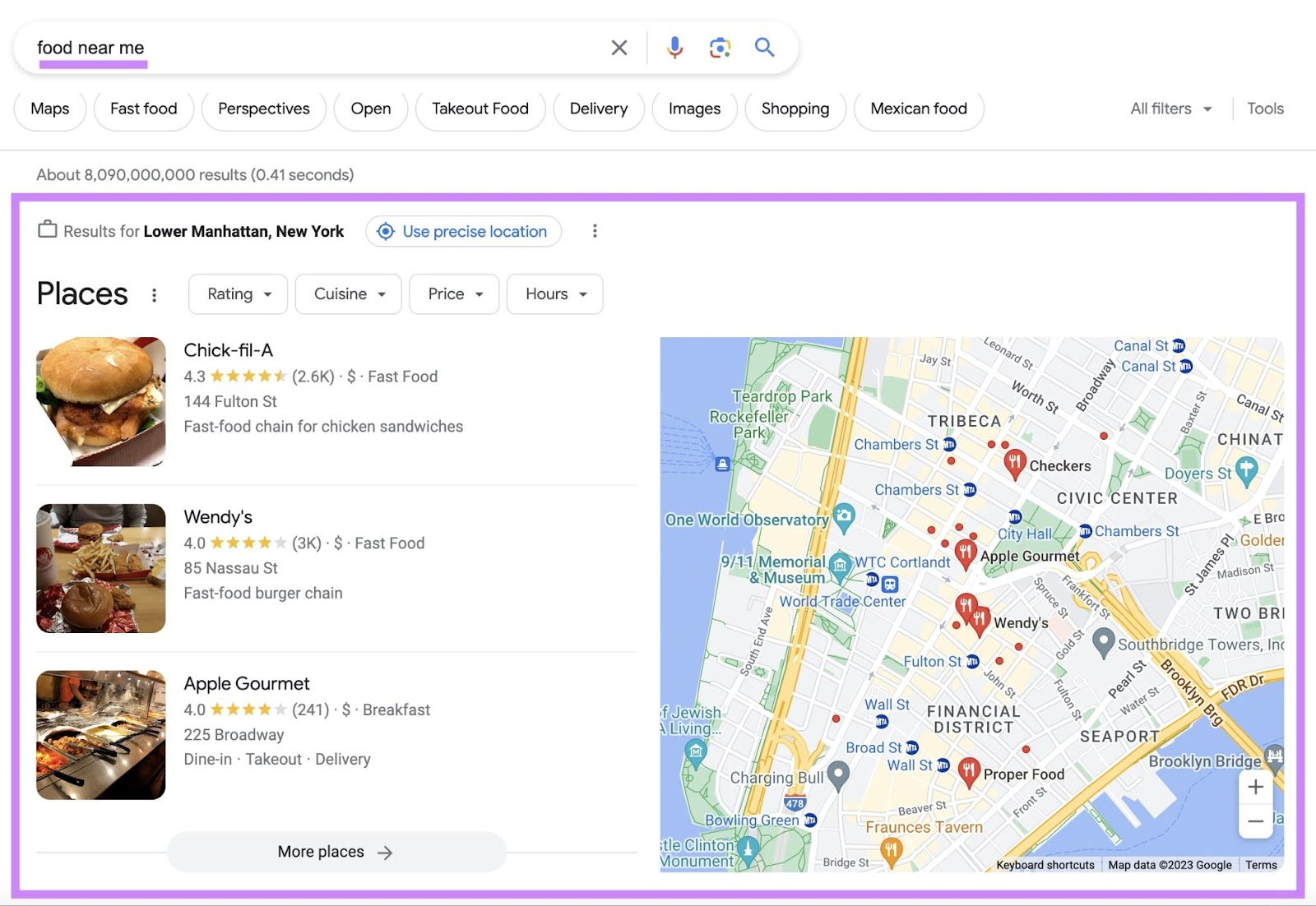 Google's local pack results for "food near me" query