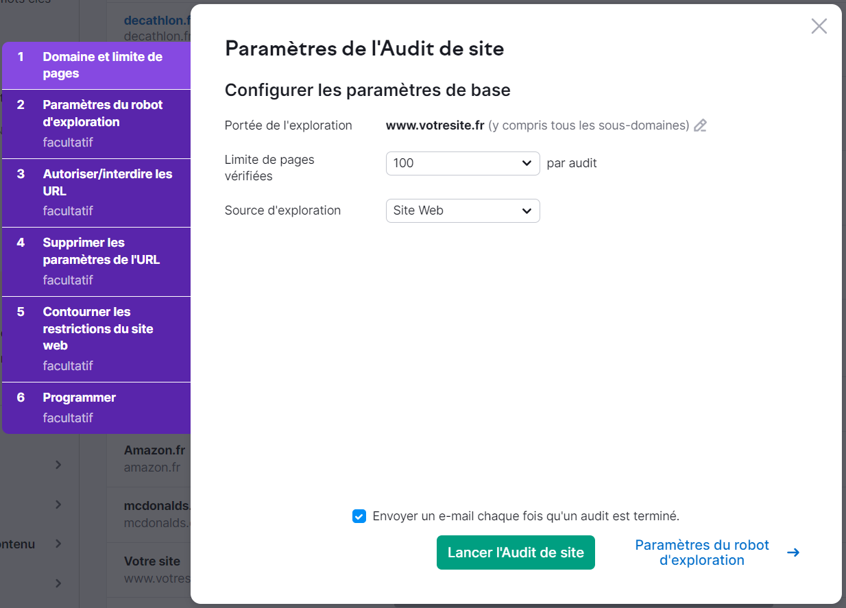 Paramètrage d'Audit de site