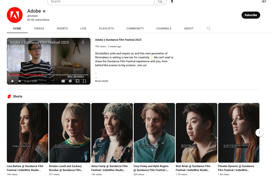 A screenshot of Adobe’s Youtube page shows a series of videos with independent filmmakers and actors honored at Sundance Film Festival 2023. 