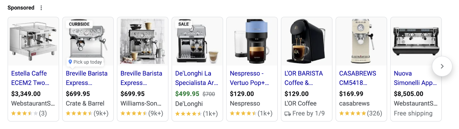 Product listings on Google for coffee machines