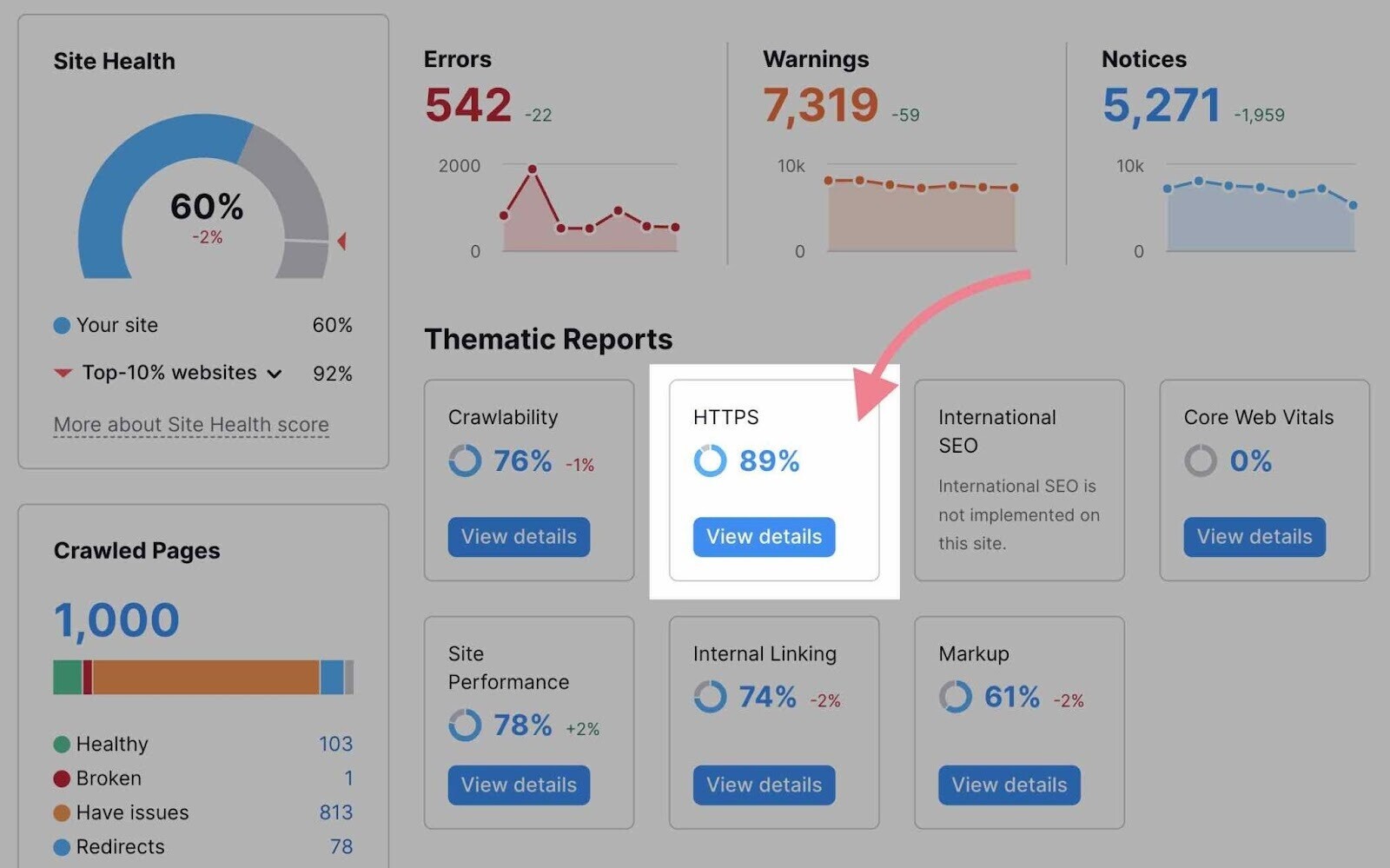 navigate to HTTPS report in site audit