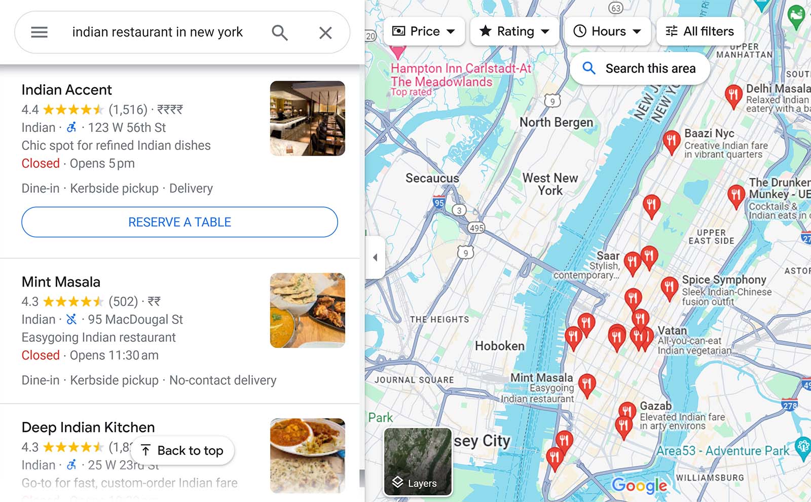 Google Map search results for 'indian restaurant in new york' showing businesses and map pins