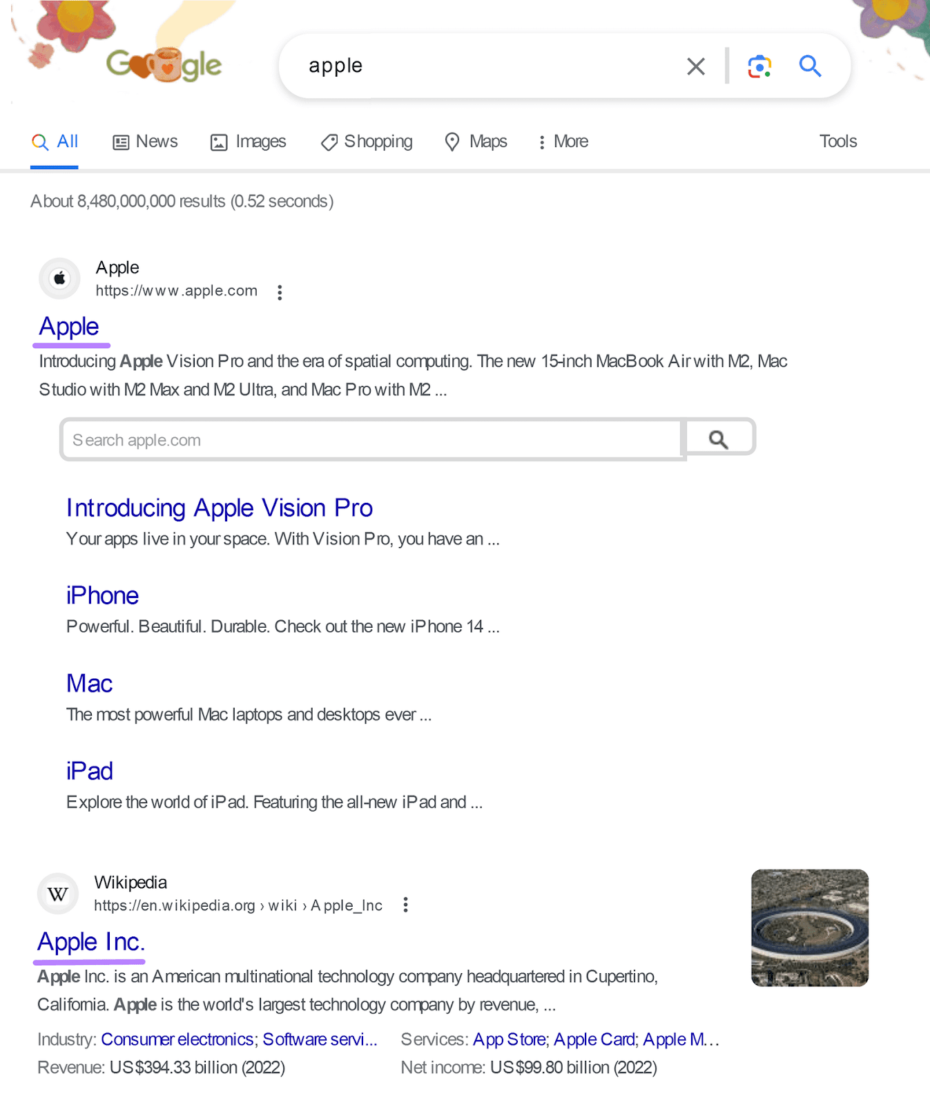 Google’s search results for “apple” in the U.S