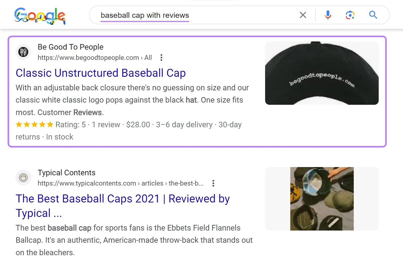 Google search result for "baseball cap with reviews" with a star rating highlighted
