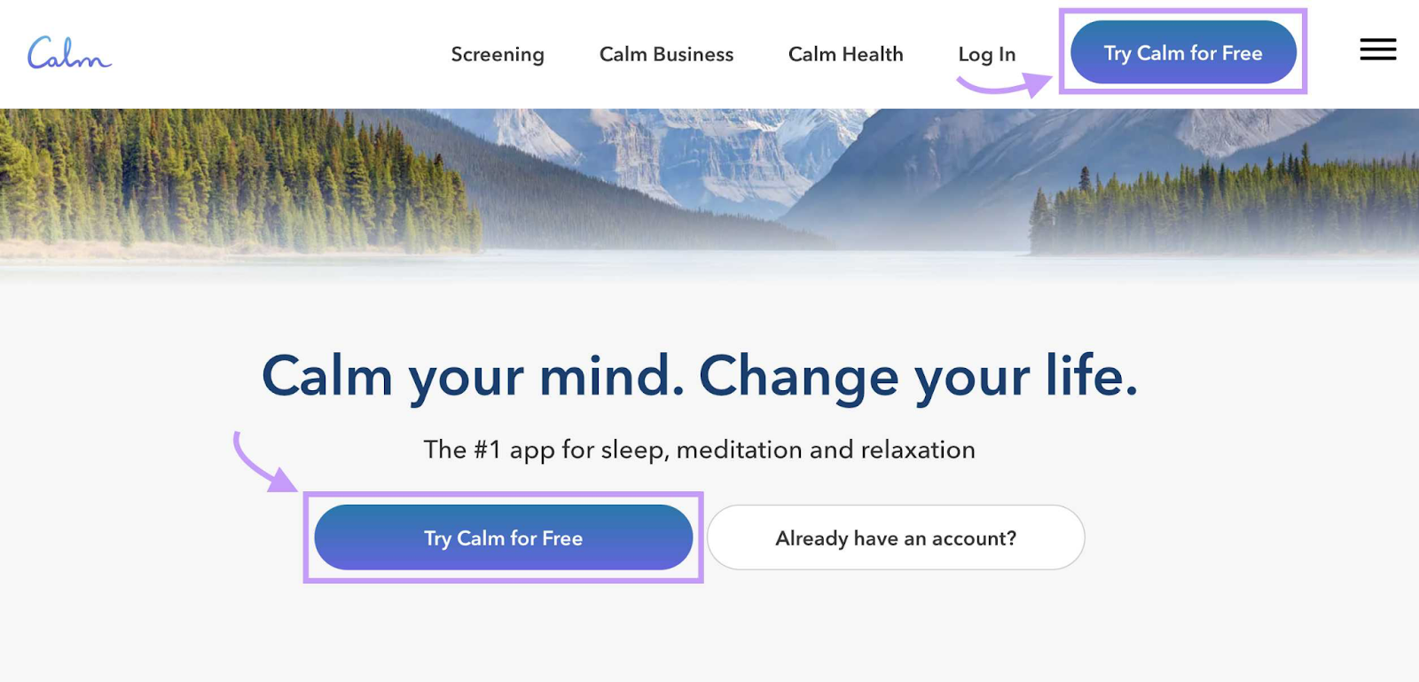 Calm homepage showing a calm lake and mountain background and multiple CTA buttons featuring the text "try calm for free"