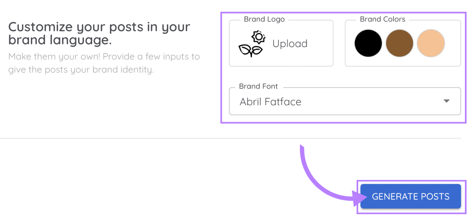 "Customize your posts in your brand language." screen in AI Social Content Generator