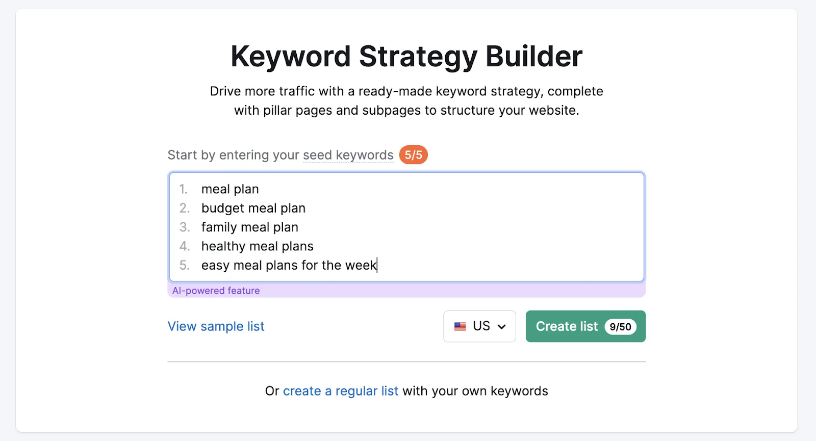 Keyword Strategy Builder setup leafage   with 5  effect    keywords entered into the tool