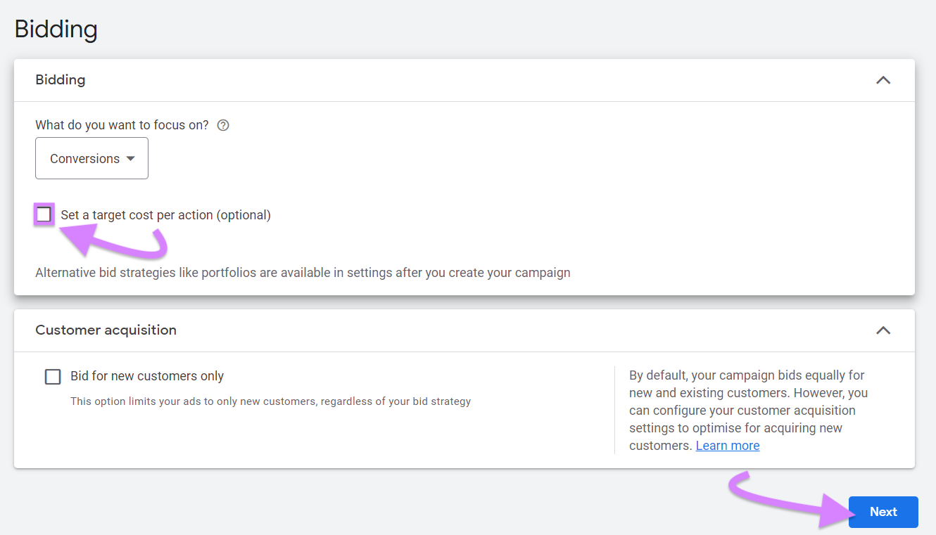 "Set a target cost per action" checkbox