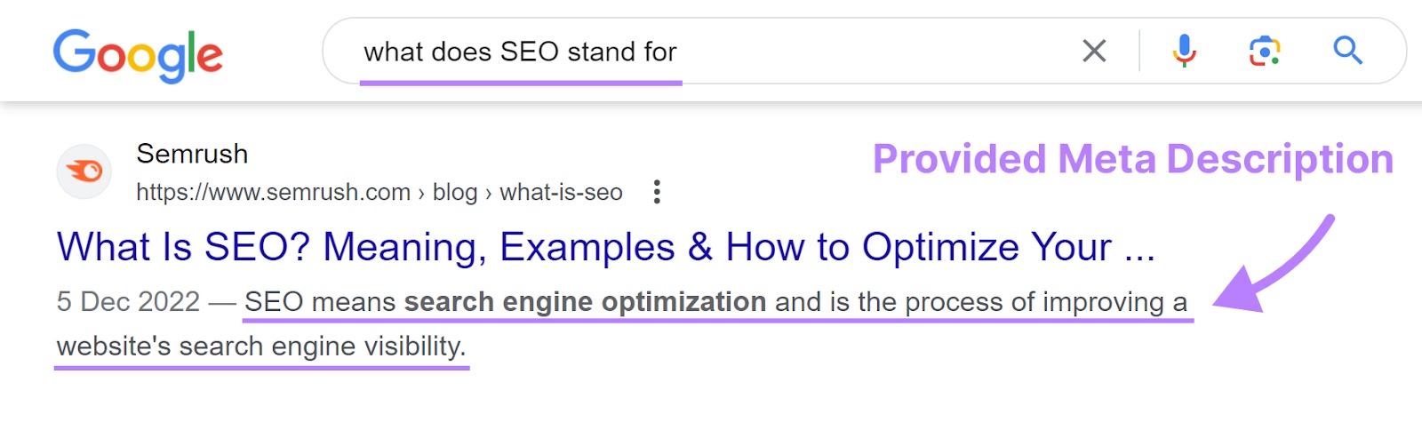 Search engine result showing a provided meta description.