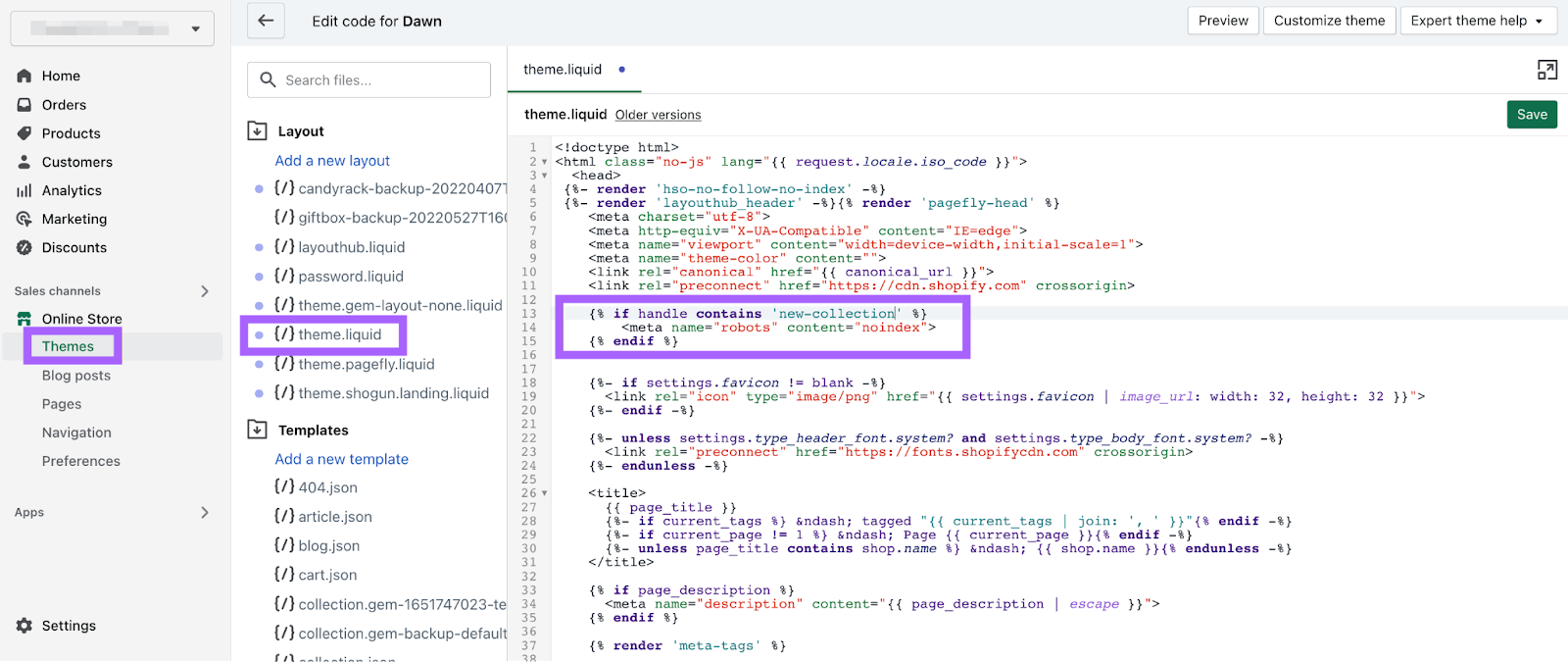 where to find <head> section of the theme.liquid layout file for robots meta tags in Shopify