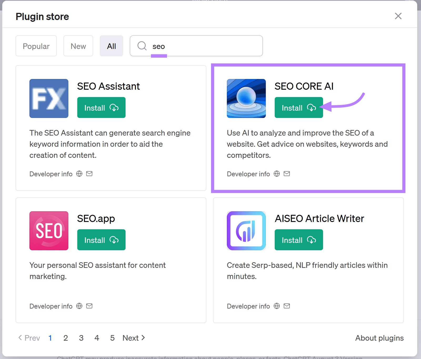 "Plugin store" page with SEO Core AI tool highlighted