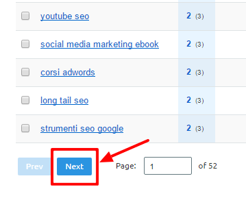 Pulsante Next per analizzare le keyword in seconda pagina