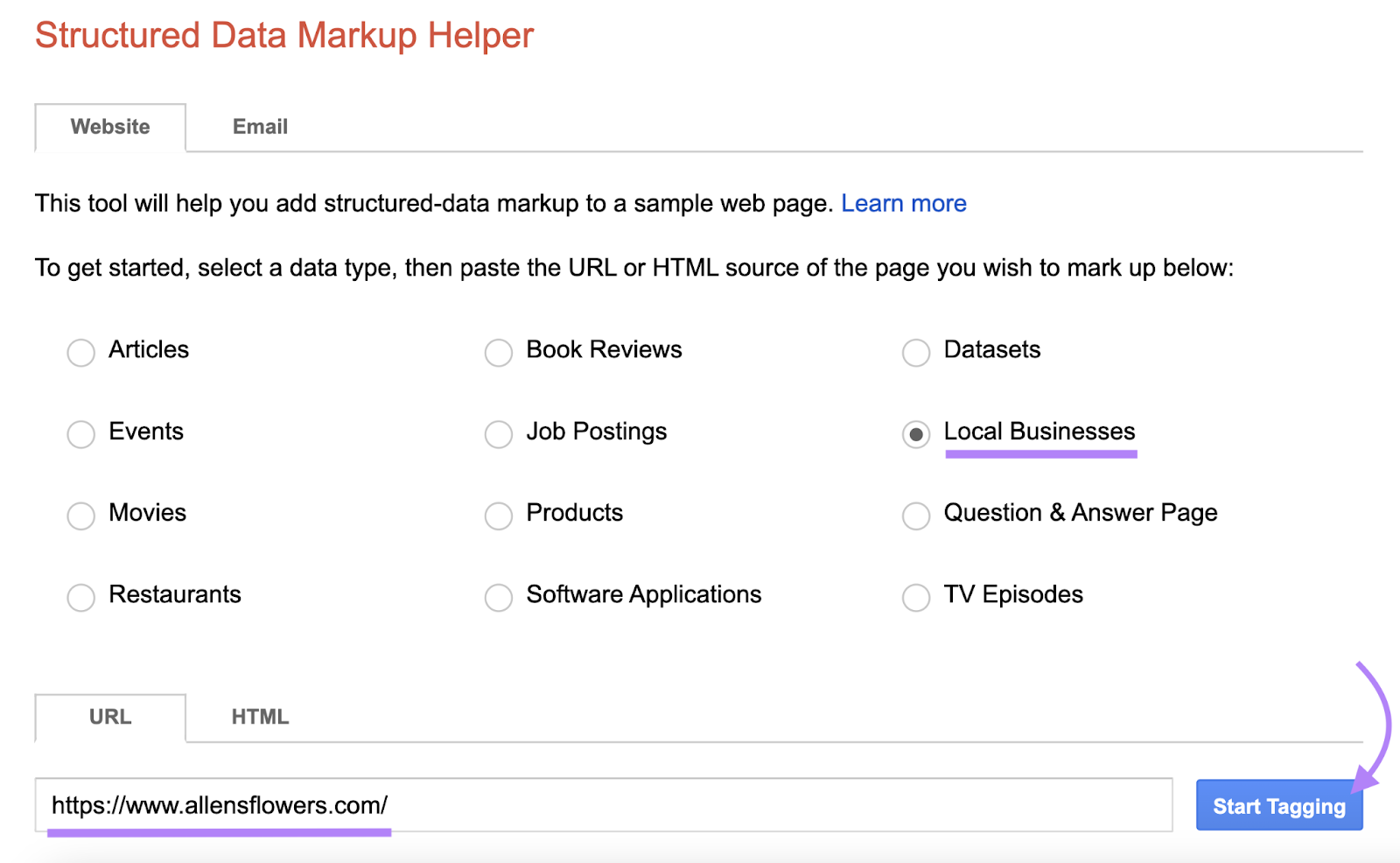 "Start Tagging" button in Structured Data Markup Helper