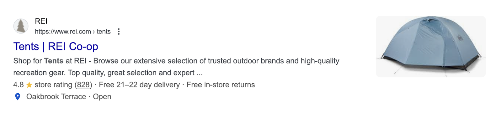 REI's tents page has local location info, an image, star rating, and info on delivery and returns on the SERP