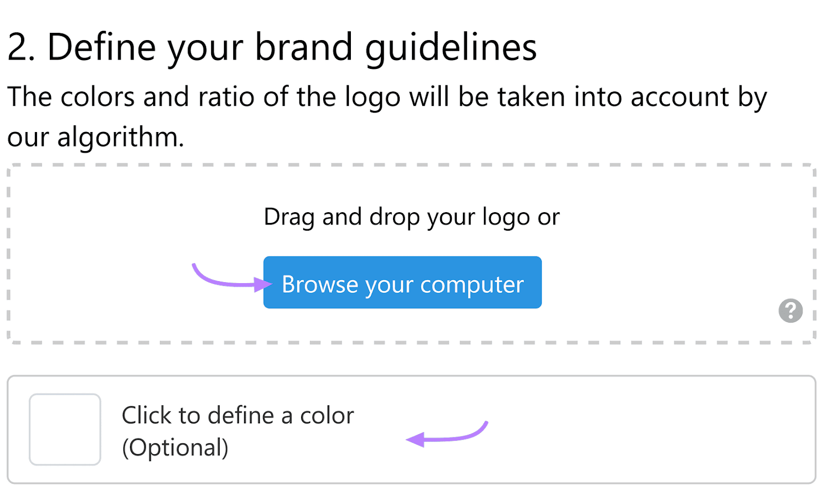 Instant Banner Generator instructions for defining brand guidelines, including logo and color definition.