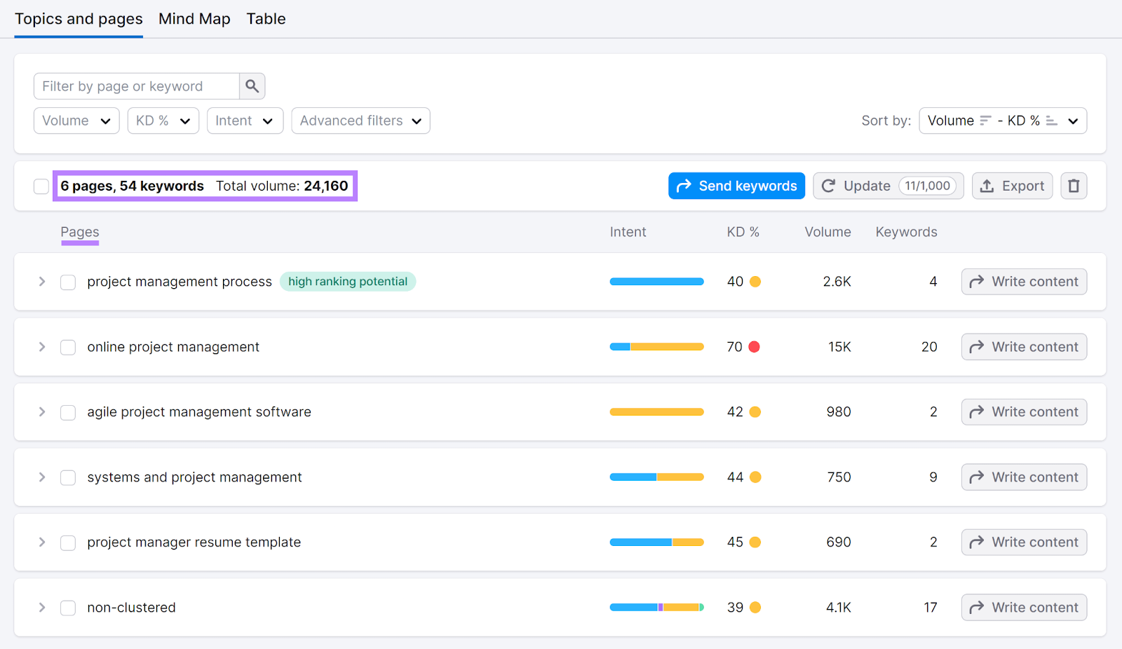 Pages, keywords, and Total measurement   highlighted and Pages conception  rubric  underlined.