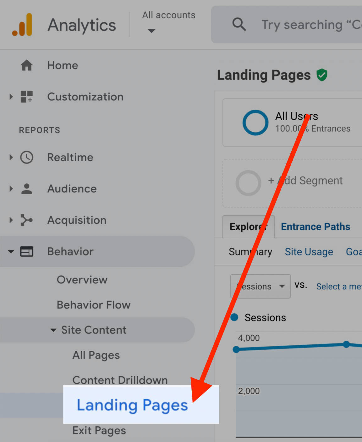 Bouton "Pages de destination" dans la barre de navigation en surbrillance