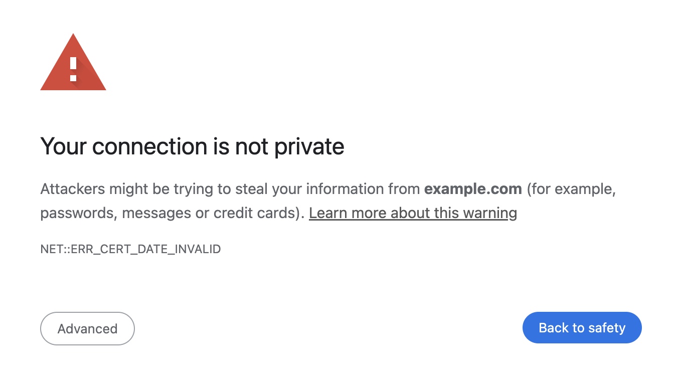 “Your connection is not private” error message when a specific URL is entered into the address bar of the browser.