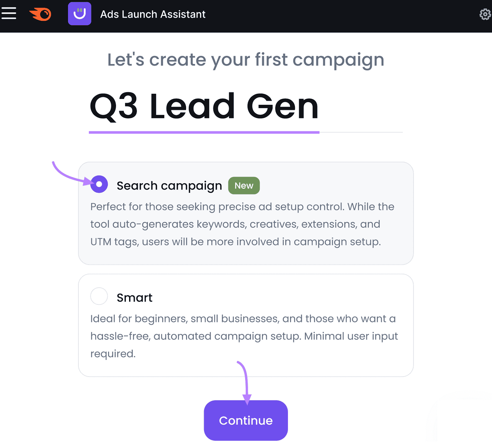 Semrush Ads Launch Assistant interface for creating a campaign with campaign name, "Search campaign" option, and "Continue" button highlighted