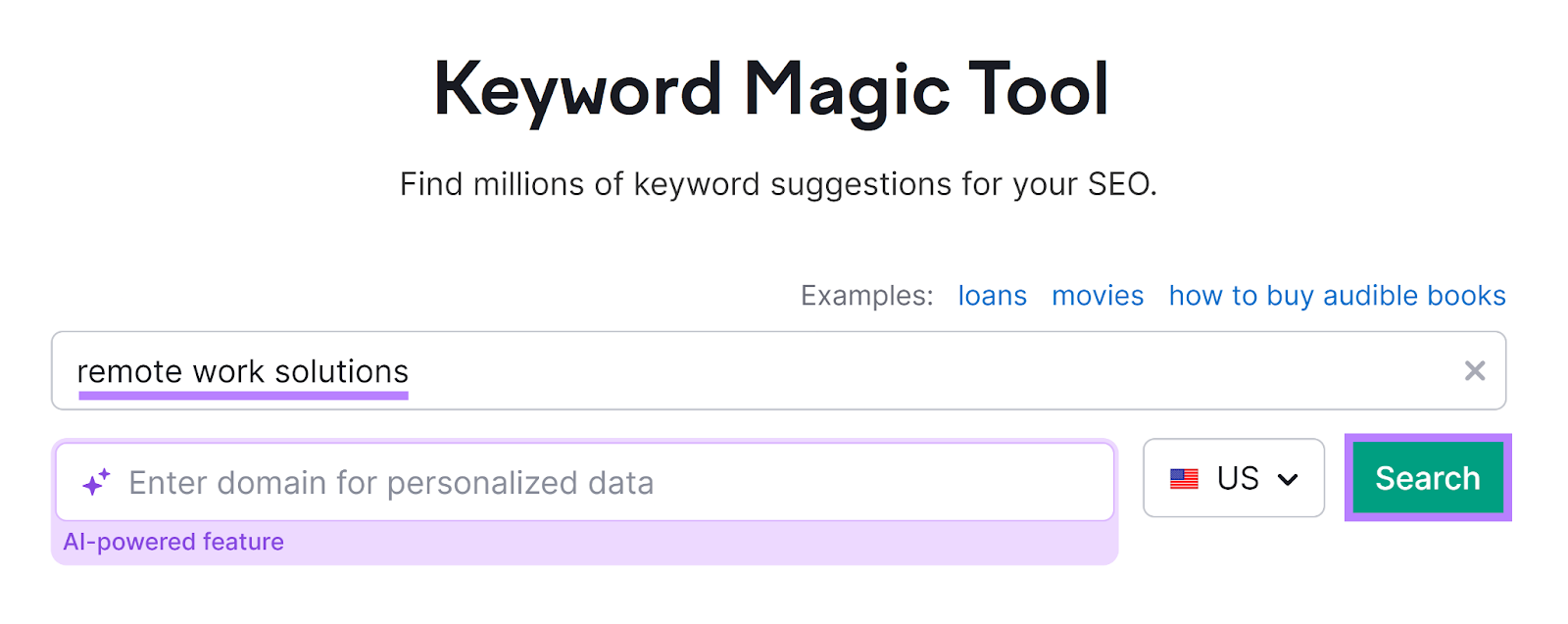 Keyword Magic Tool start with keyword entered and Search button highlighted.
