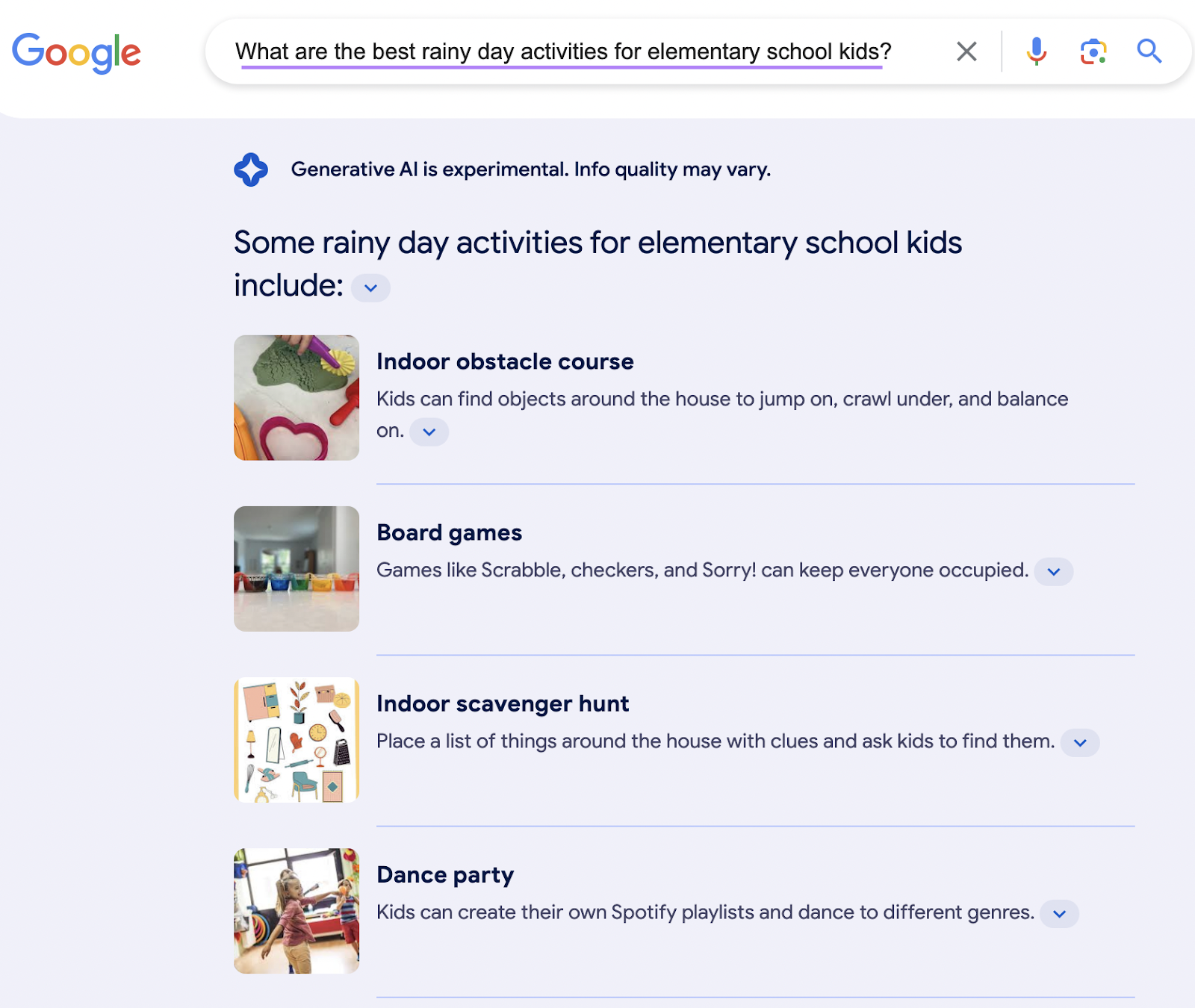 "What are the best rainy day activities for elementary school kids" query on Bard