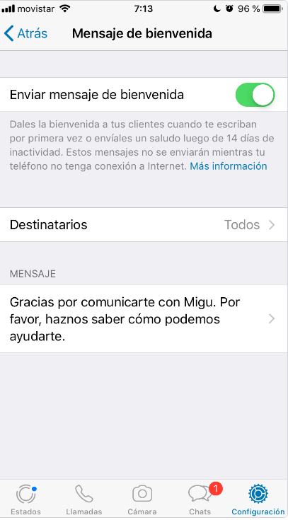 Mensaje de bienvenida en WhatsApp Business