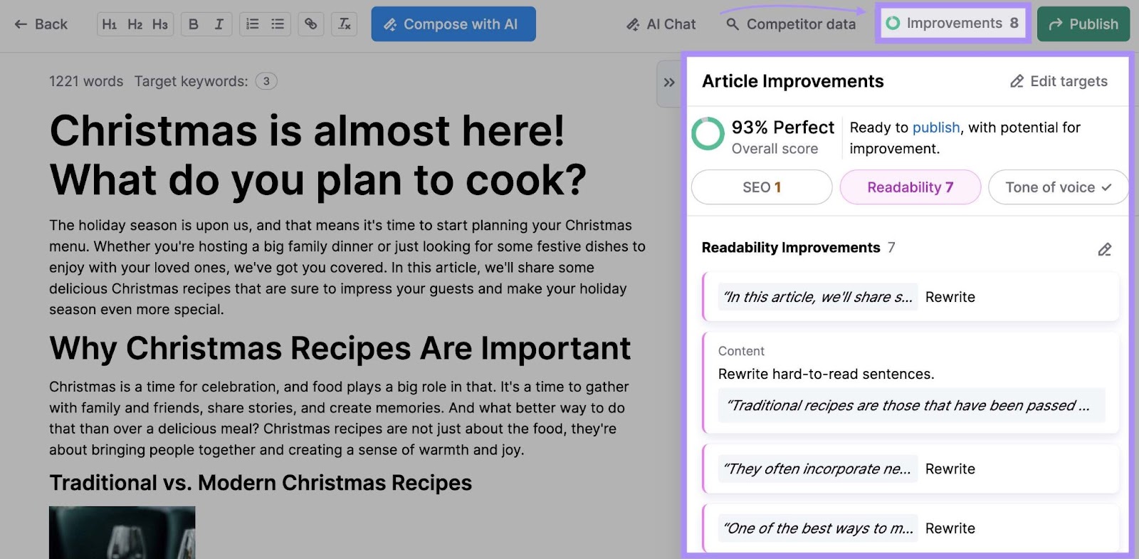 "Article improvements" section highlighted on the right-hand side in ContentShake AI