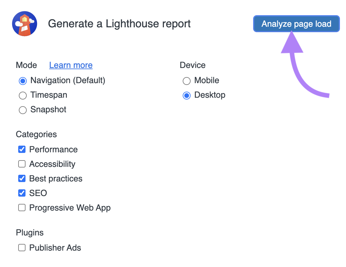 Bouton Analyse page load dans Lighthouse