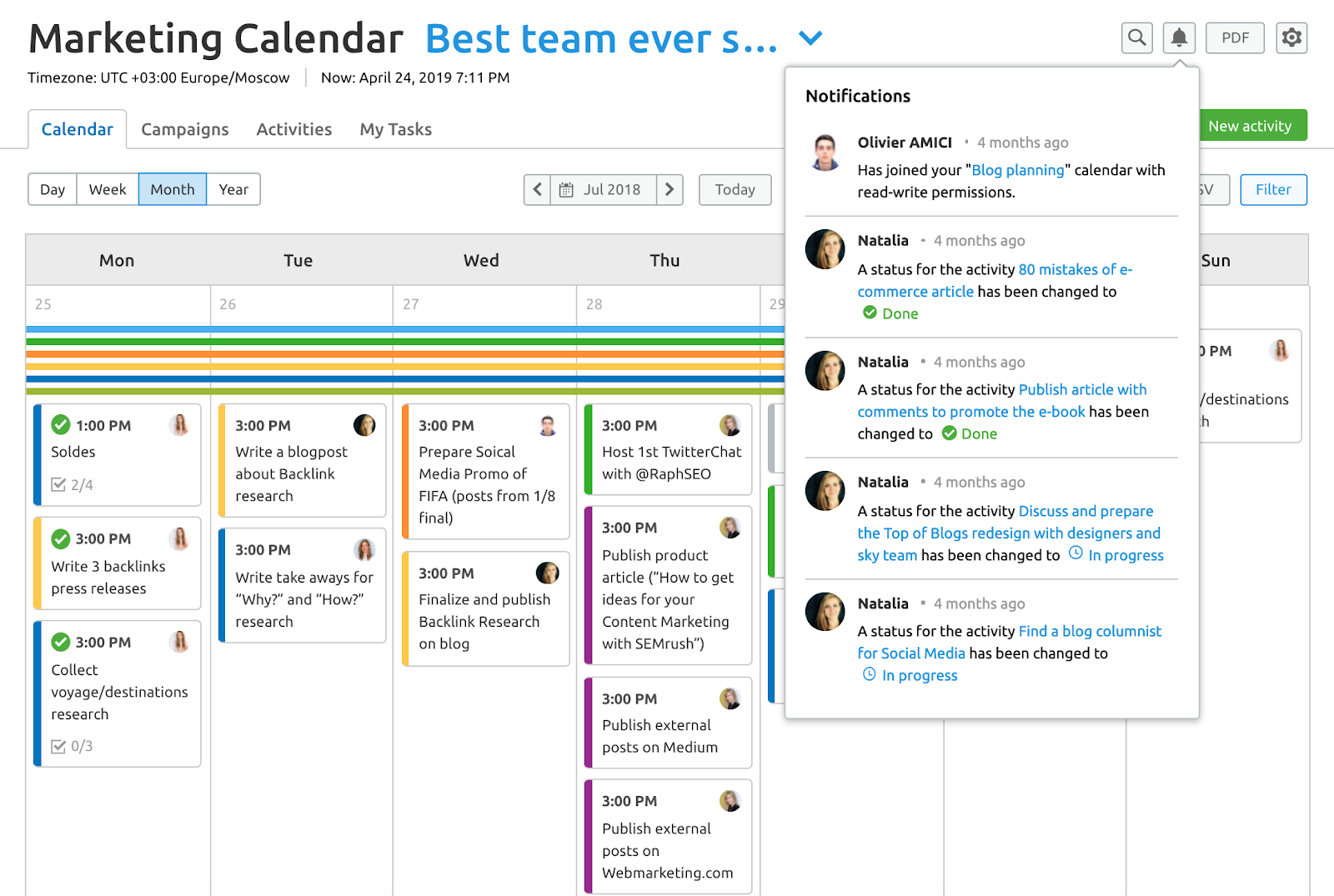 Calendario de Marketing de Semrush