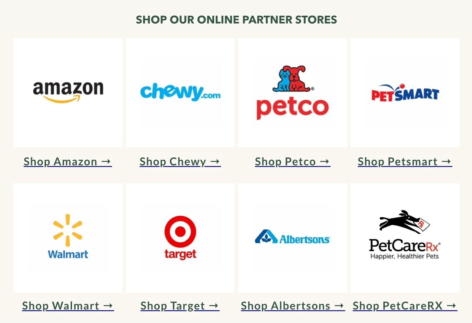 an example of "Shop out online partners store" page showing list of vendors including Amazon, Target, Walmart etc.