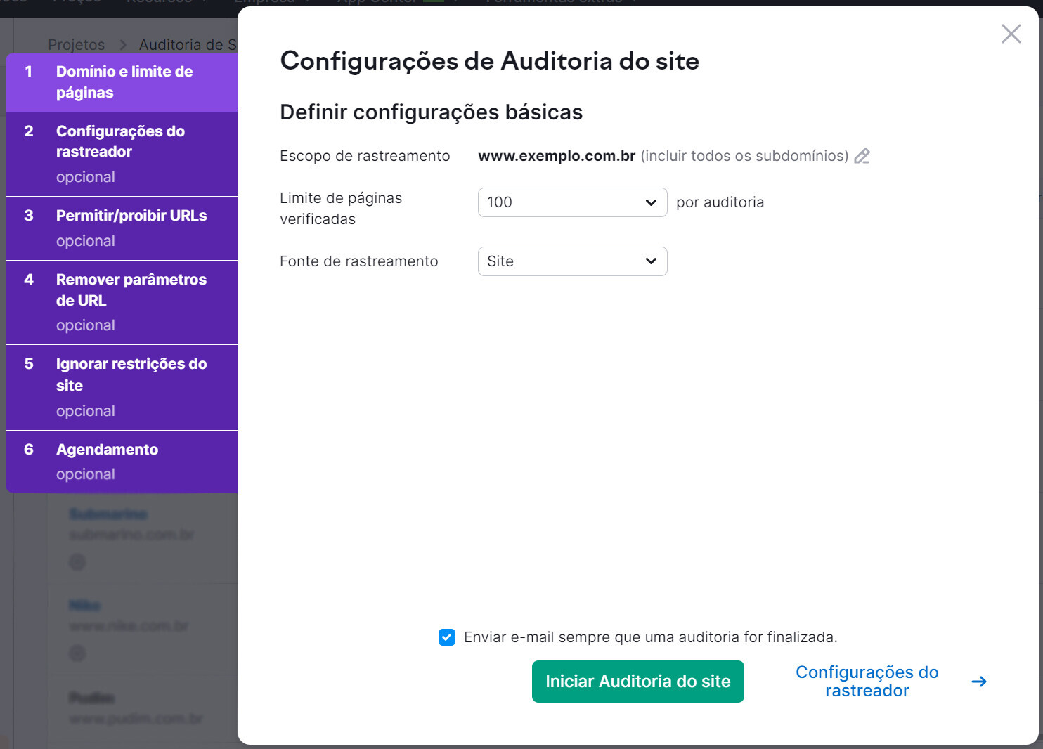 configurações da auditoria de site