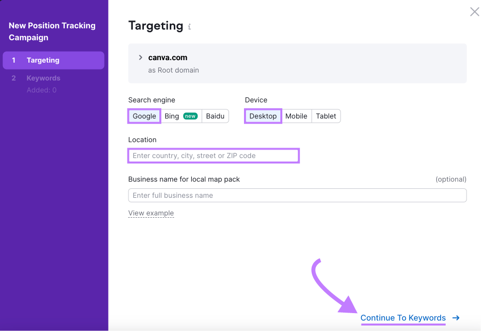 "Targeting" window in Position Tracking tool settings