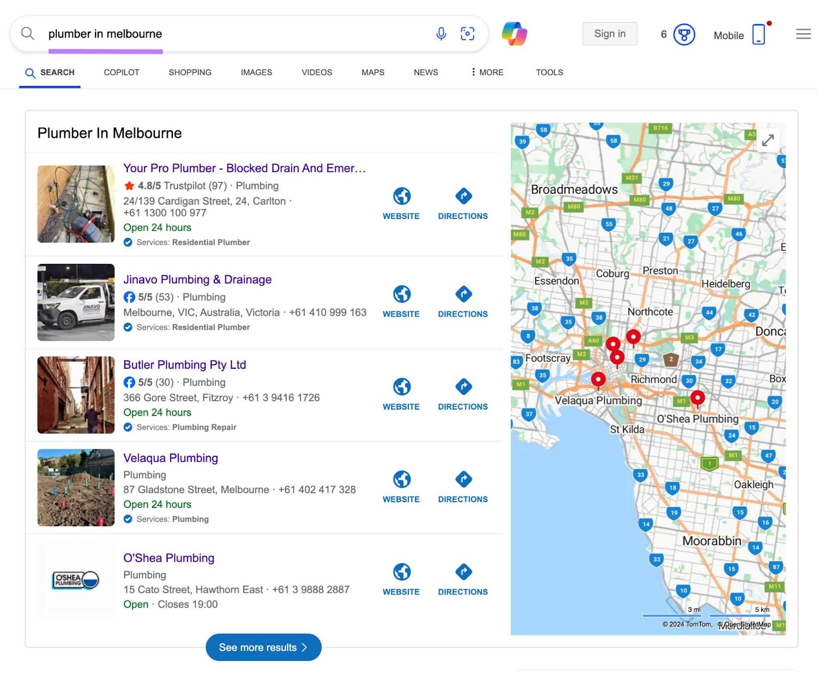 Bing SERP with the term "plumber in melbourne" entered showing a list of local businesses with their information and the reviews they've received.